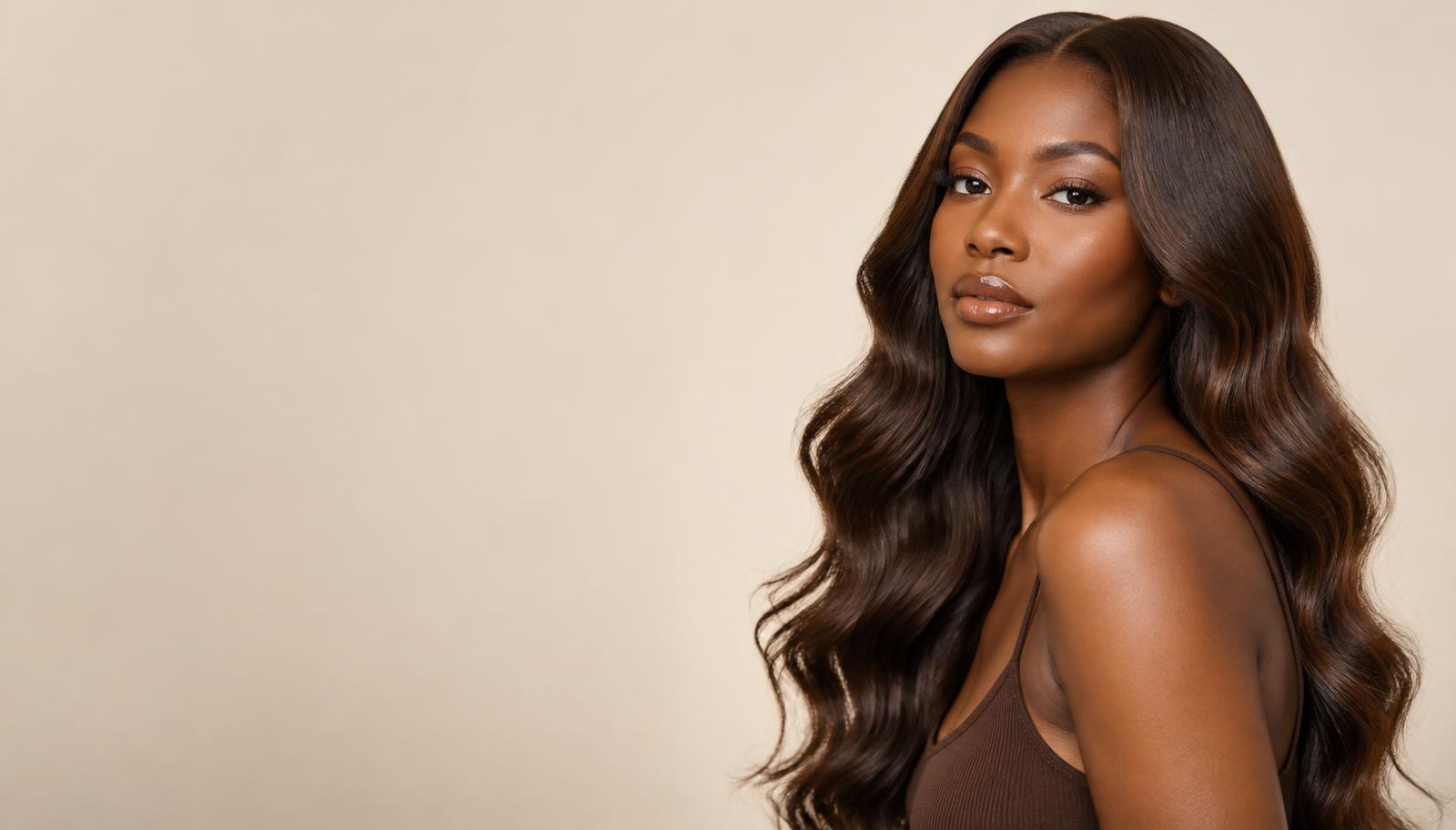 Woman wearing a long dark-brown body wave wig